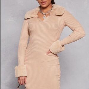 Women’s Famous Faux Fur Collar Tan Ribbed Long Sleeve Bodycon Dress